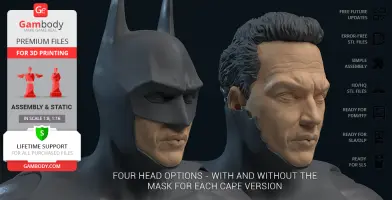 Two detailed 3D Batman heads, one masked and one unmasked, in a promotional image for a 3D printing file.