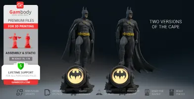 Two Batman 1989 statues with different capes for 3D printing on a bat-symbol base.