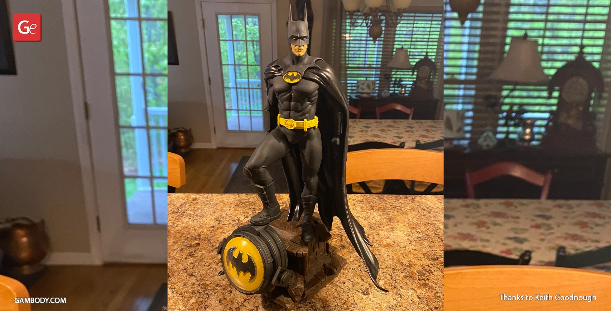 3D-printed Batman figure from 1989, standing on a Bat-Signal base, detailed and painted.