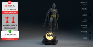 Batman 1989 figure for 3D printing, standing heroically on a base with a Bat-Signal spotlight.