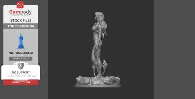 A detailed 3D model of a woman with long hair, standing on a rocky base.