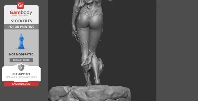 A 3D model of a female character, viewed from the back, standing on a rocky base.