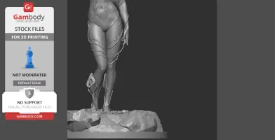 3D model of a woman with plant-like features standing on a rocky base, designed for printing.