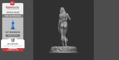 Female figure with long hair standing on a rocky base, viewed from the back.