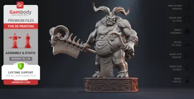 A muscular, horned creature with a cleaver, standing on a detailed base.