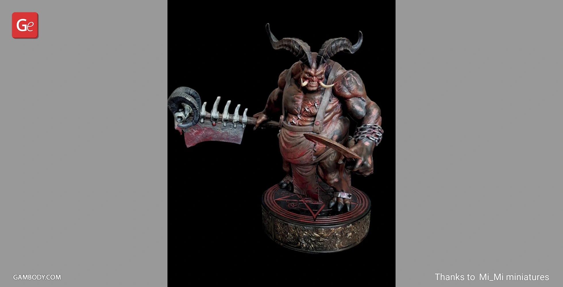 A muscular, horned demon holding a large, spiked cleaver on a detailed base.