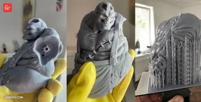 A detailed 3D printed model of a muscular, menacing character from Diablo IV, with support structures.
