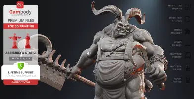 A detailed 3D model of a muscular, horned creature with an apron, holding a large cleaver.