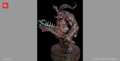 A menacing horned creature with tusks and a large cleaver, standing on a detailed circular base.