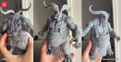 A detailed 3D-printed model of a muscular, horned demon with an apron, depicted from different angles.