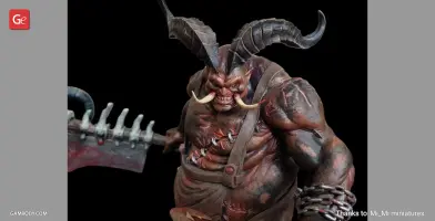 A bulky, horned demon character wielding a spiked weapon, detailed muscular build, and tusks.