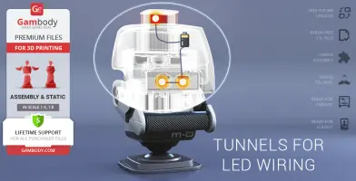 A 3D model of M-O from WALL-E, designed for LED wiring, shown with internal structure visible.
