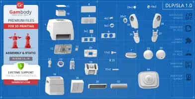M-O WALL-E 3D model parts layout for printing, with numbered components on a blue grid background.