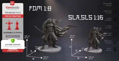 Two detailed 'Batman Ninja' 3D models in armor, designed for 3D printing at 1:8 and 1:16 scales.