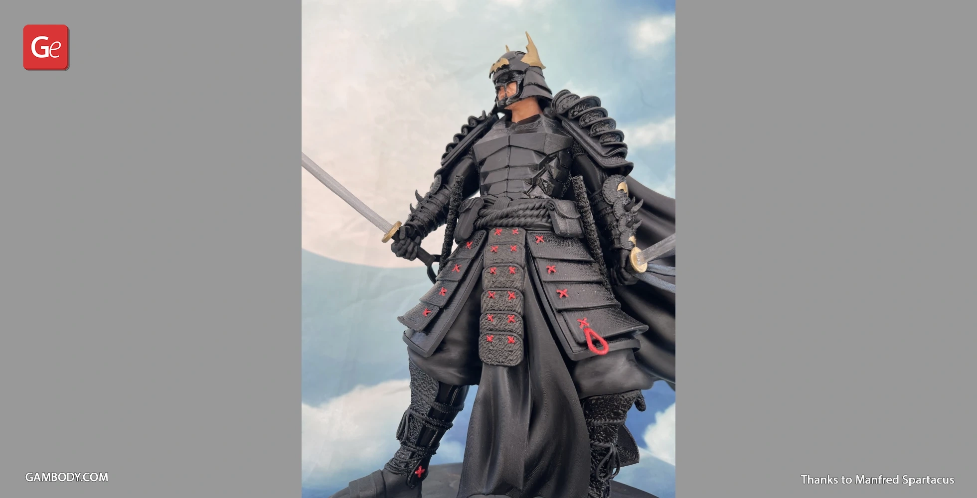 Samurai Batman 3D model with armor, cape, and sword, in a dynamic pose against a cloudy background.