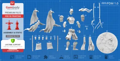3D printable parts of Batman Ninja, including cape, armor, and accessories on a blueprint background.