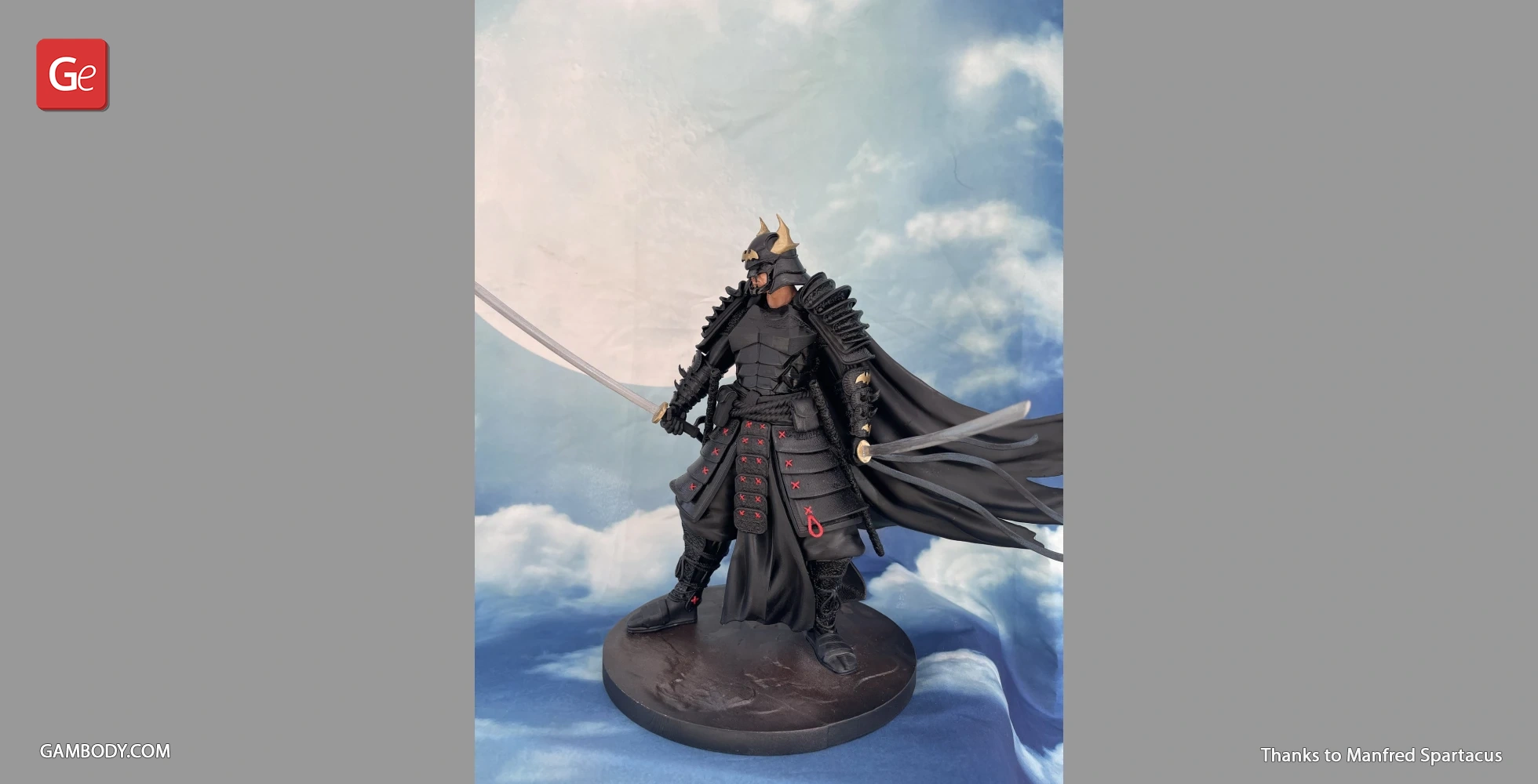 Samurai-style armored figure with twin swords, wearing a cape, standing on a round base against a cloudy backdrop.