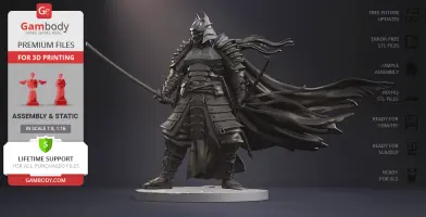 Batman in samurai armor, holding a sword, with a flowing cape. 3D print model from Gambody.