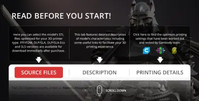 Image shows instructions for 3D printing Batman Ninja model with tabs for source files, description, and printing details.