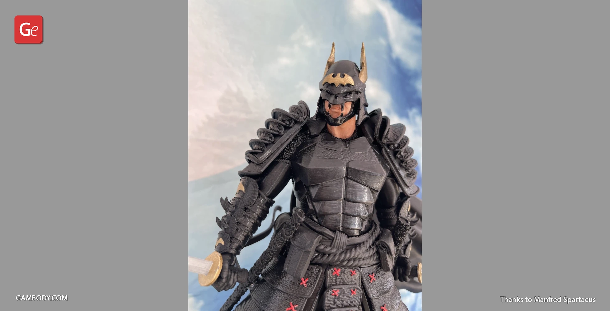 A samurai-themed figure in black armor with bat-like features, including a helmet with bat ears.