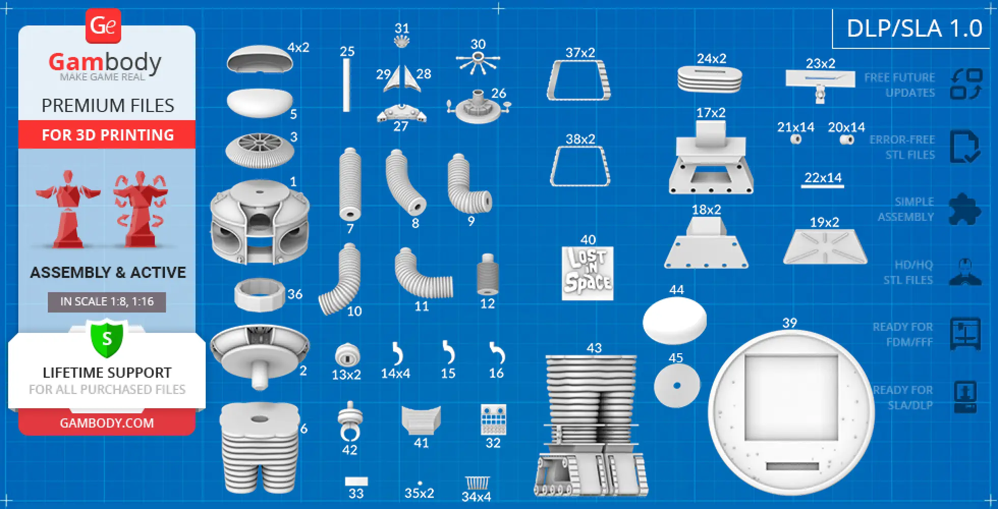 Blueprint of 3D printable parts for the Robot B-9 from 'Lost in Space' by Gambody.