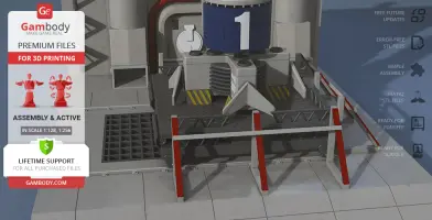 A digital 3D model of Thunderbird 1 with assembly details for 3D printing, shown on a platform.