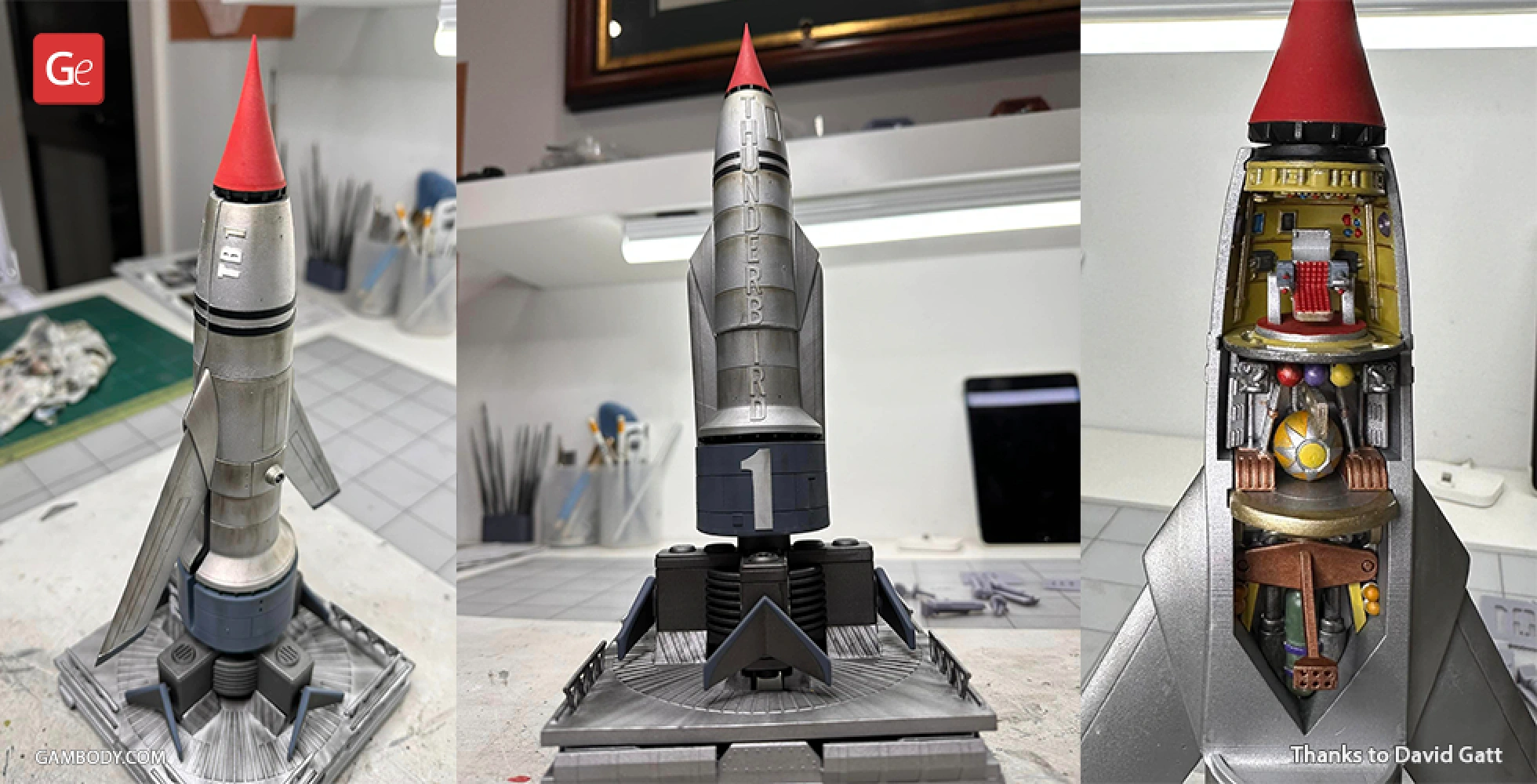 Detailed model of Thunderbird 1 rocket, featuring exterior and interior views with intricate components.