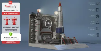 A 3D model of Thunderbird 1 on a launch platform, ready for 3D printing from Gambody.