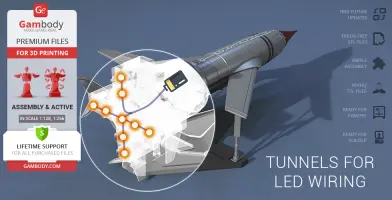 A 3D model of Thunderbird 1 from Gambody, showing LED wiring tunnels for 3D printing assembly.