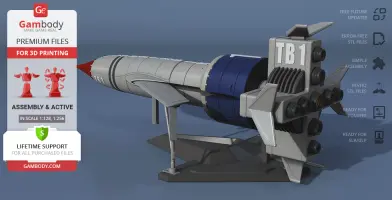 A detailed 3D model of Thunderbird 1 rocket on a blue background, ready for 3D printing.