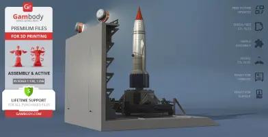 A detailed 3D model of Thunderbird 1 on a launch pad, ready for 3D printing from Gambody.