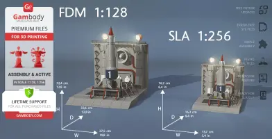 Model of Thunderbird 1 on a launchpad, shown in two scales, 1:128 and 1:256, for 3D printing.