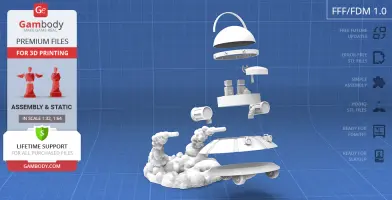 Exploded view of a space cruiser model in sections for 3D printing, on a blue grid background.