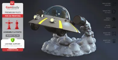 A futuristic space cruiser model with a dome cockpit and jets, atop smoke-like clouds, for 3D printing.