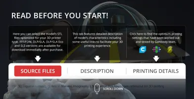 3D printing details for Space Cruiser model with tabs for source files, descriptions, and printing settings.