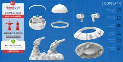 Detailed parts of a space cruiser model for 3D printing on a blueprint background.