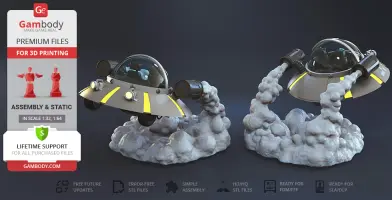 3D model of a space cruiser with thrusters, hovering above a cloud-like base for 3D printing.