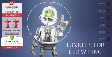 A 3D model of a small, robotic character with visible LED wiring tunnels, ready for printing.