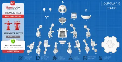 Clank 3D model parts for printing, including head, arms, legs, and accessories, on blueprint background.