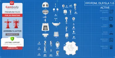 Blueprint of Clank 3D model parts for printing, including head, body, and accessory components.