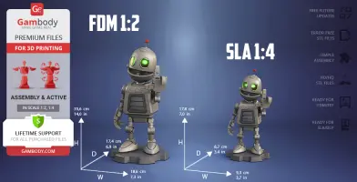 Two sizes of a cute robot model for 3D printing, labeled FDM 1:2 and SLA 1:4, with dimensions shown.