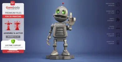 A 3D model of a small, friendly robot with green eyes and an antenna, ideal for 3D printing.
