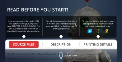A robot model for 3D printing with options for source files, description, and printing details.