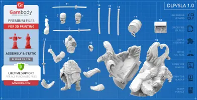 3D printable parts for assembling a figure, including swords and detailed clothing, on a blueprint background.