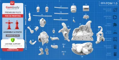 3D model assembly parts for Roronoa Zoro figure on a blueprint background, showcasing various components.