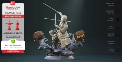 A dynamic 3D model of a sword-wielding warrior on a swirling, detailed base, ready for 3D printing.