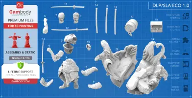 STL model pieces for 3D printing of a character with weapons and base on a blue grid background.