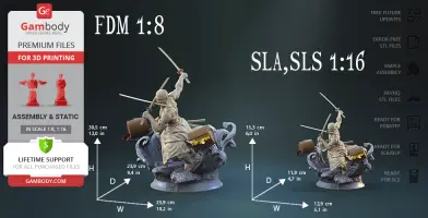 A detailed 3D model of a warrior with swords, ready for 3D printing at different scales.