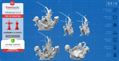 3D model of a sword-wielding character in dynamic pose, with multiple assembly parts.