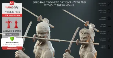 Two 3D models of a swordsman with options for headgear: one with a bandana, one without.